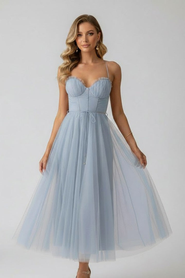 Women's Wedding Guest Corset Sweetheart Neck Tulle Midi Dress