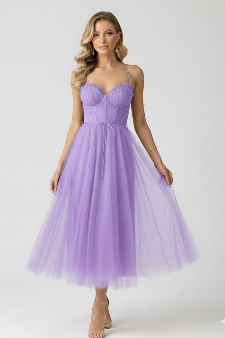 Women's Wedding Guest Corset Sweetheart Neck Tulle Midi Dress