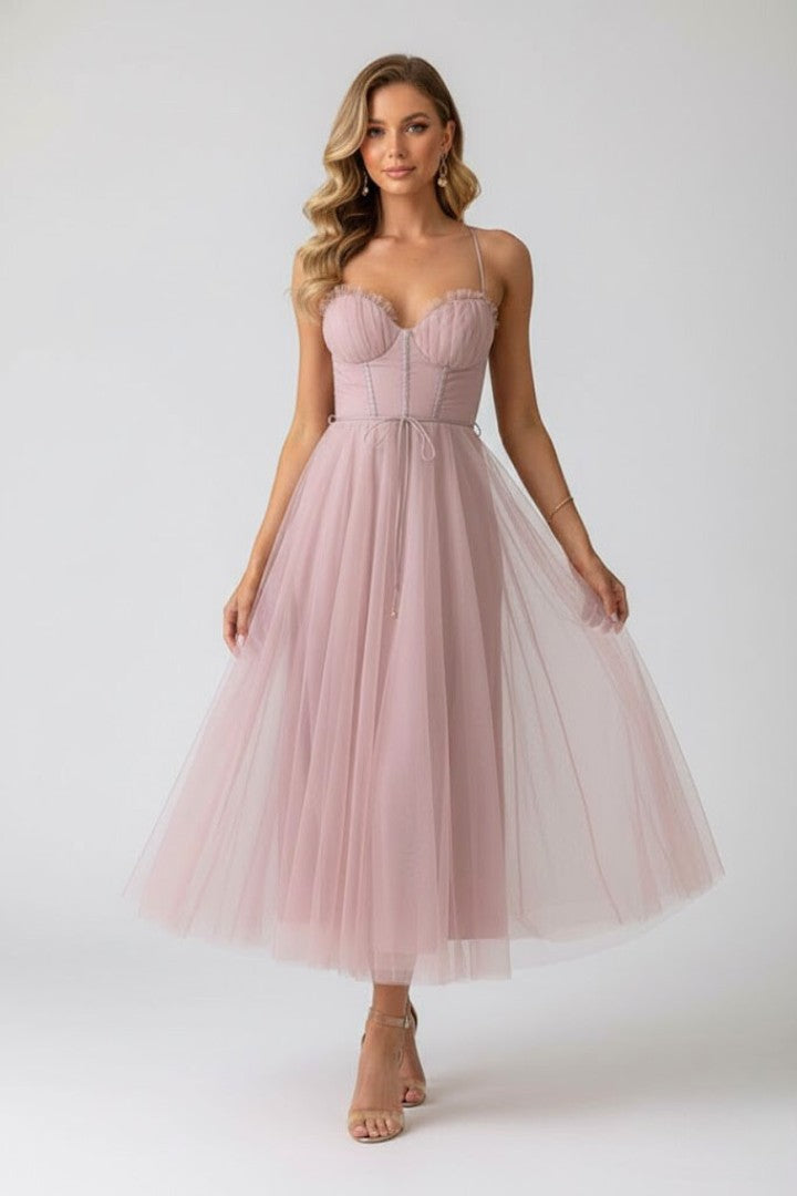 Women's Wedding Guest Corset Sweetheart Neck Tulle Midi Dress