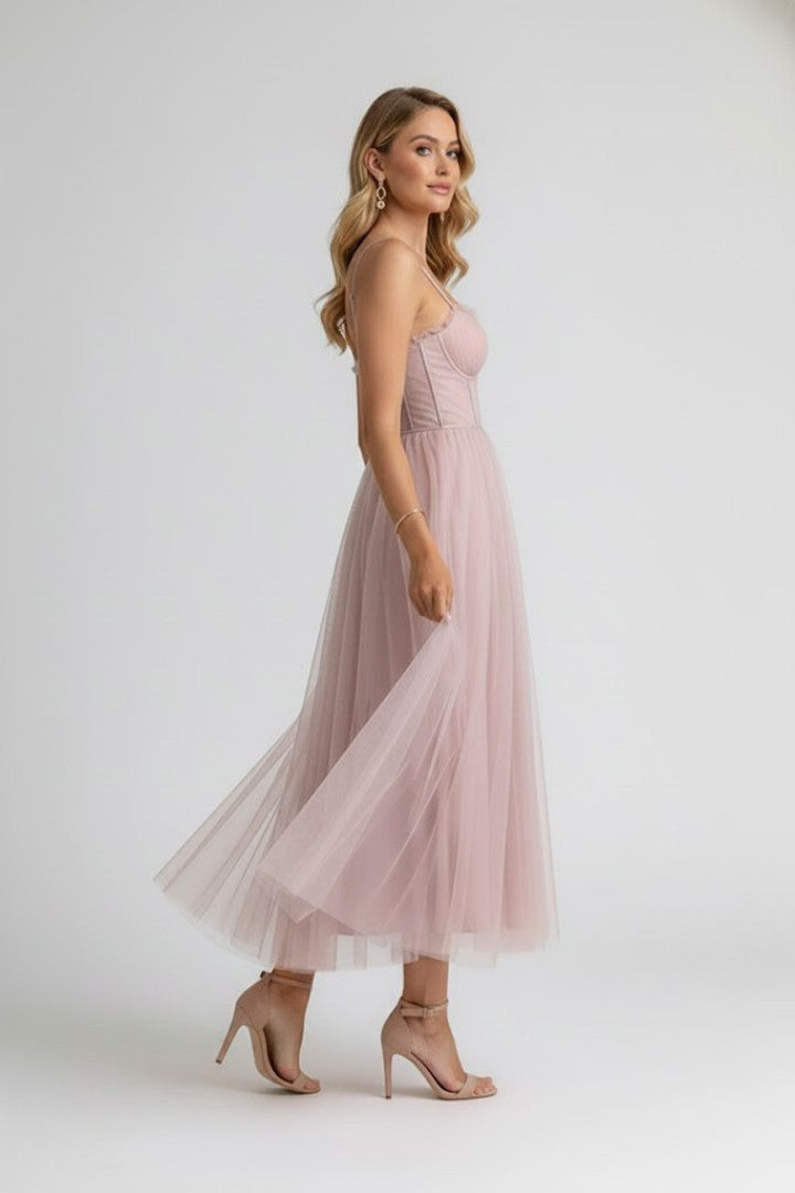 Women's Wedding Guest Corset Sweetheart Neck Tulle Midi Dress