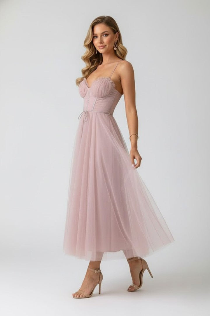 Women's Wedding Guest Corset Sweetheart Neck Tulle Midi Dress
