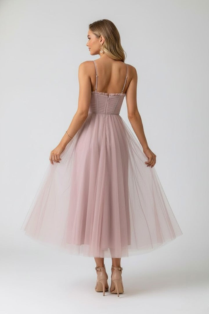 Women's Wedding Guest Corset Sweetheart Neck Tulle Midi Dress