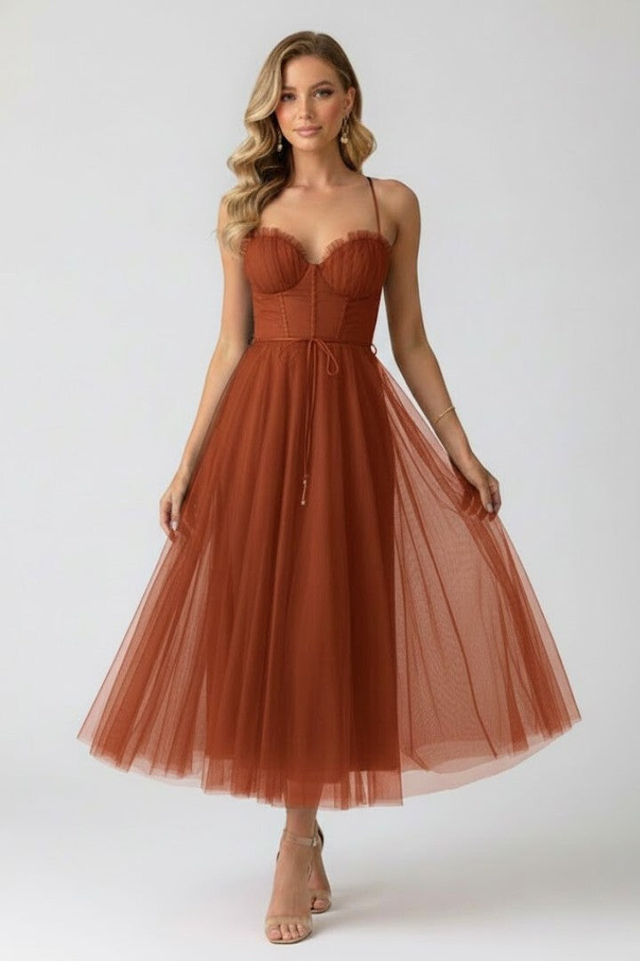 Women's Wedding Guest Corset Sweetheart Neck Tulle Midi Dress