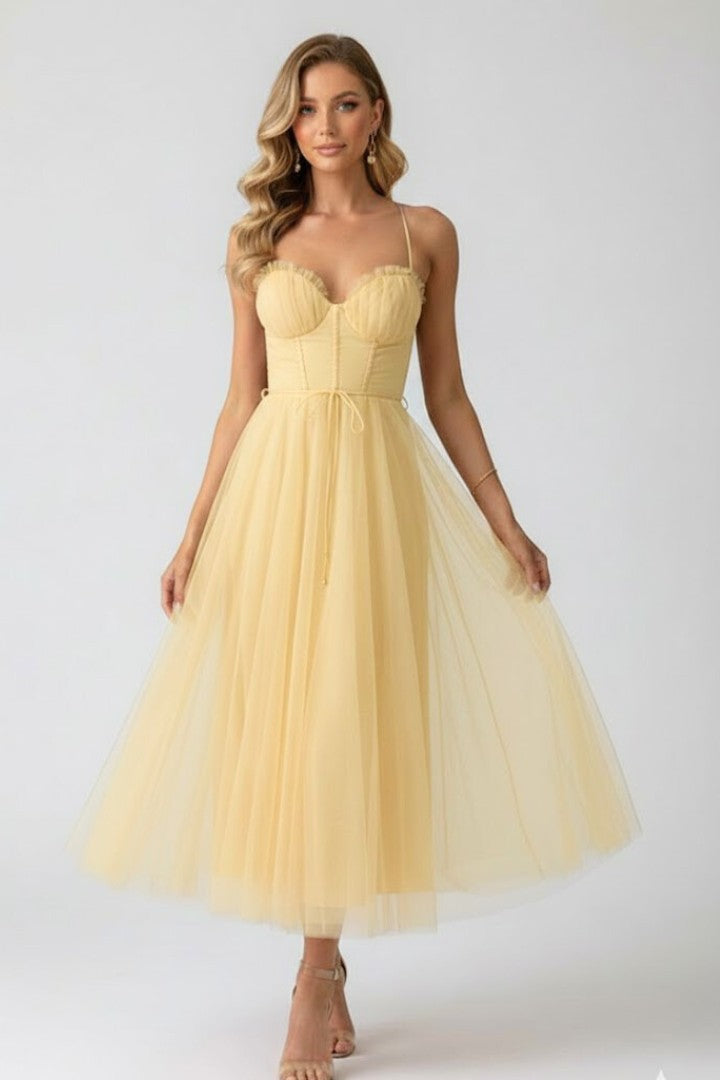 Women's Wedding Guest Corset Sweetheart Neck Tulle Midi Dress