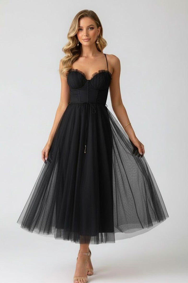 Women's Wedding Guest Corset Sweetheart Neck Tulle Midi Dress