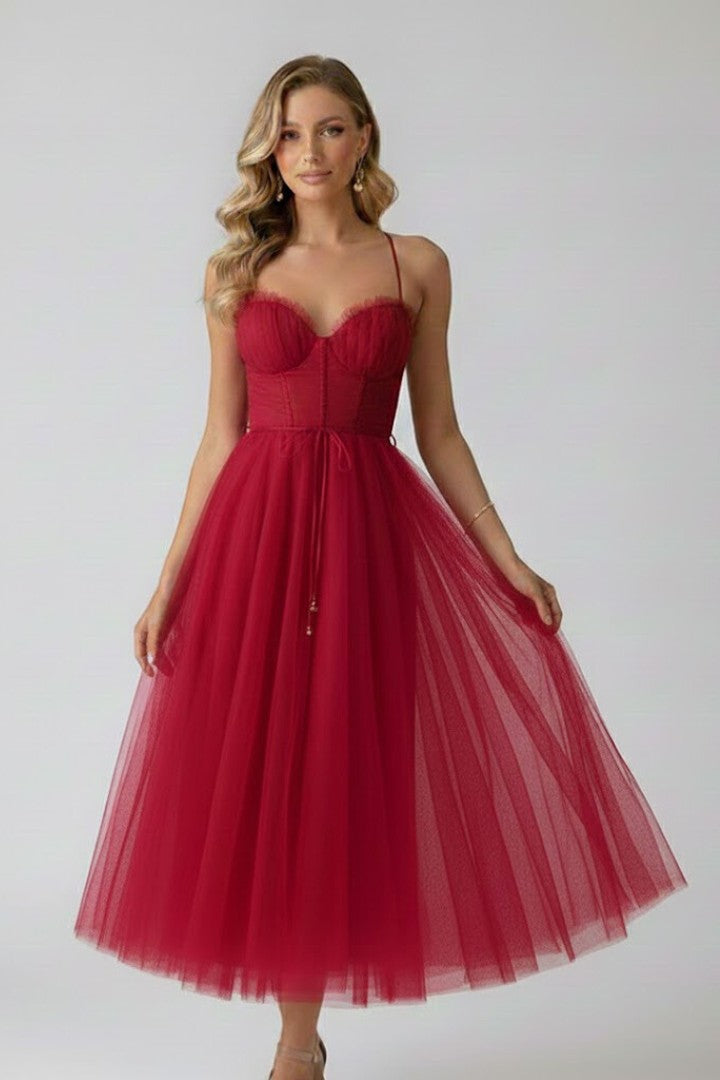 Women's Wedding Guest Corset Sweetheart Neck Tulle Midi Dress