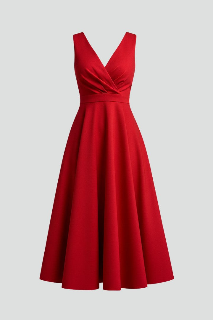 Women's Wedding Guest A-Line V-Neck Sleeveless Fitted Midi Dress