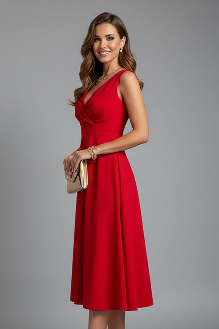 Women's Wedding Guest A-Line V-Neck Sleeveless Fitted Midi Dress