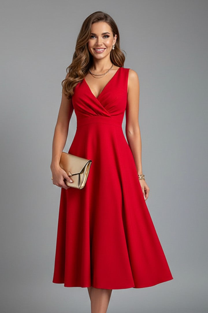 Women's Wedding Guest A-Line V-Neck Sleeveless Fitted Midi Dress