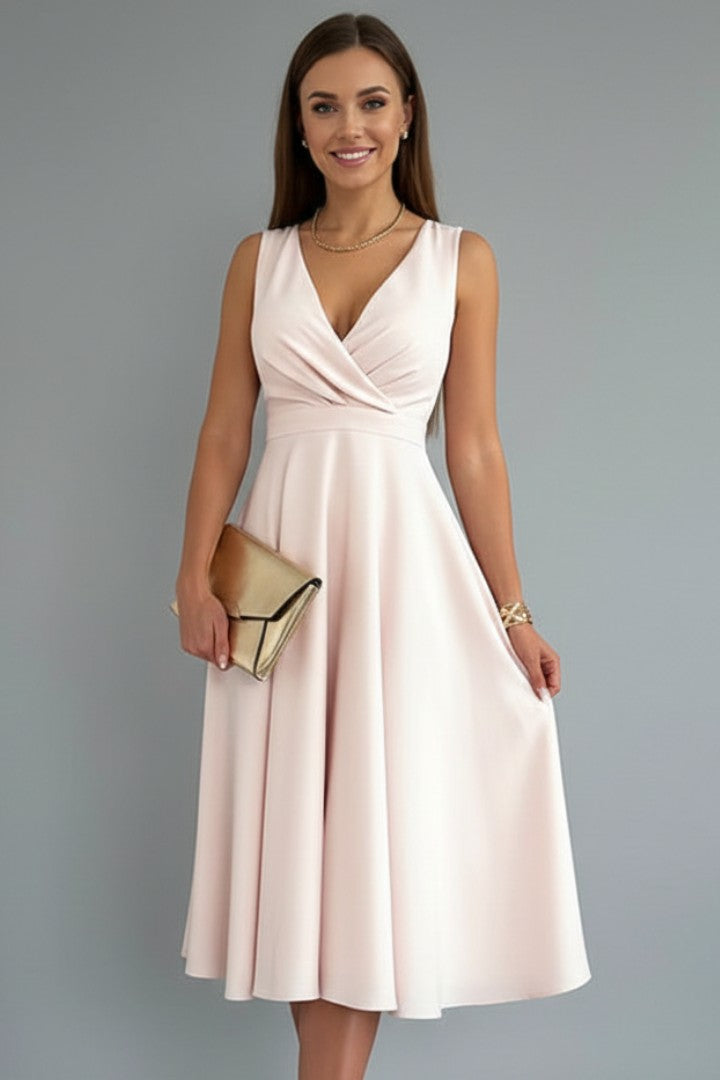 Women's Wedding Guest A-Line V-Neck Sleeveless Fitted Midi Dress