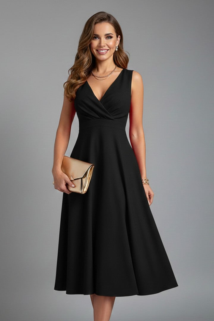 Women's Wedding Guest A-Line V-Neck Sleeveless Fitted Midi Dress
