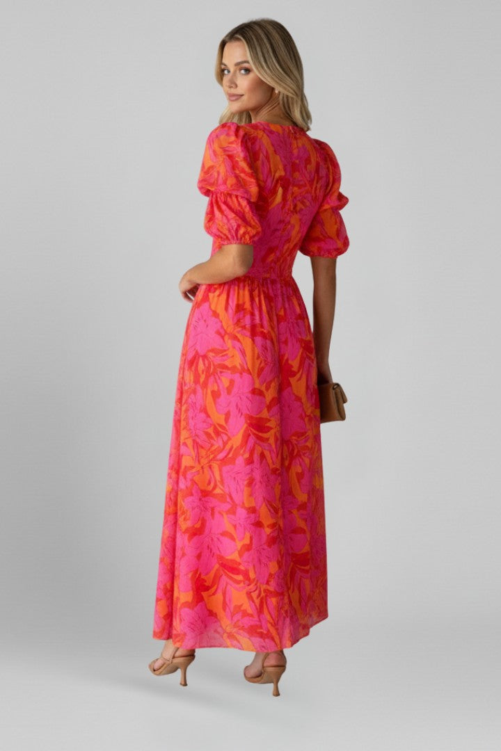 Women's Bridal Shower Red Floral Puff Sleeve V-Neck Maxi Dress