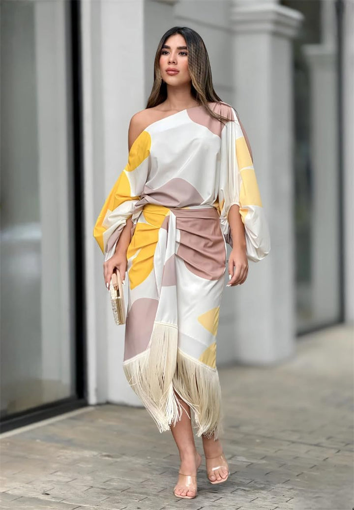 Women's Wedding Guest Abstract Print One Shoulder Fringe Hem Midi Dress