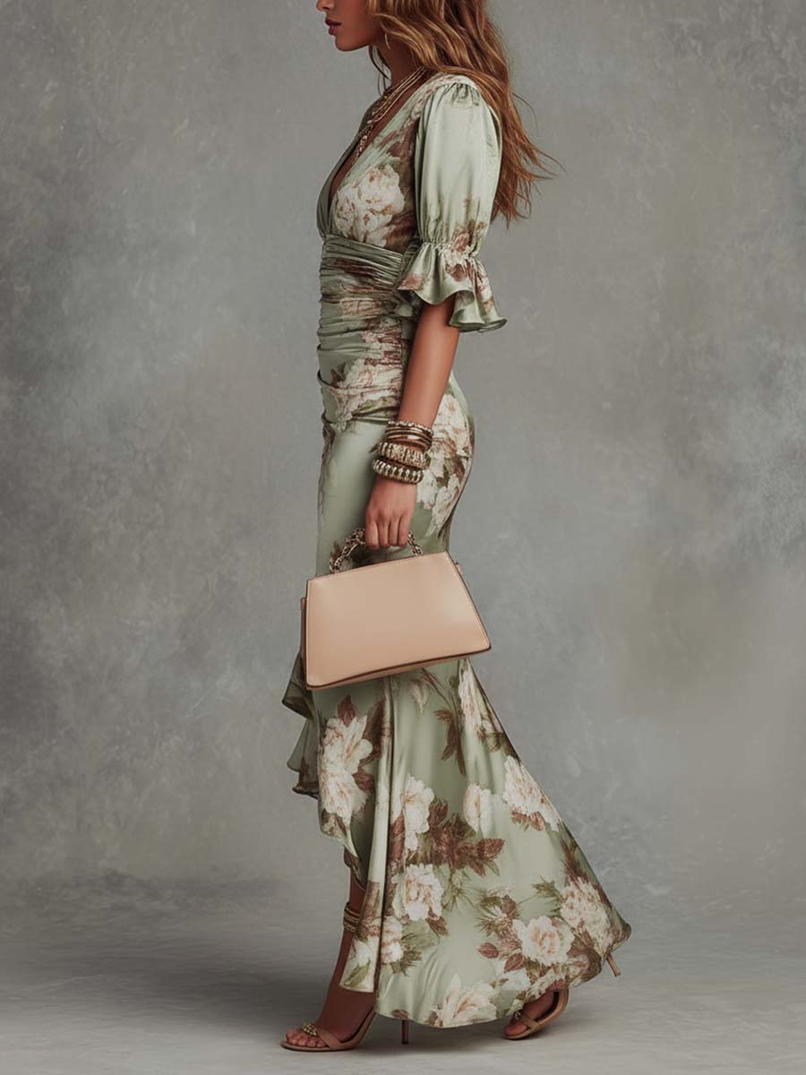 Women's Wedding Guest Floral Ruffle Sleeve Maxi Dress