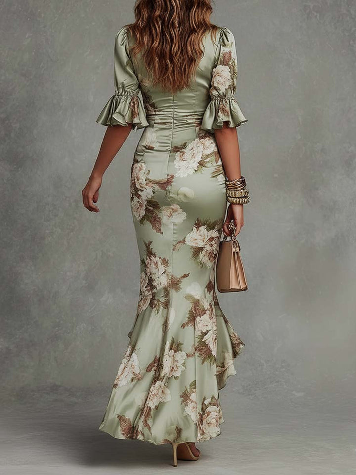 Women's Wedding Guest Floral Ruffle Sleeve Maxi Dress