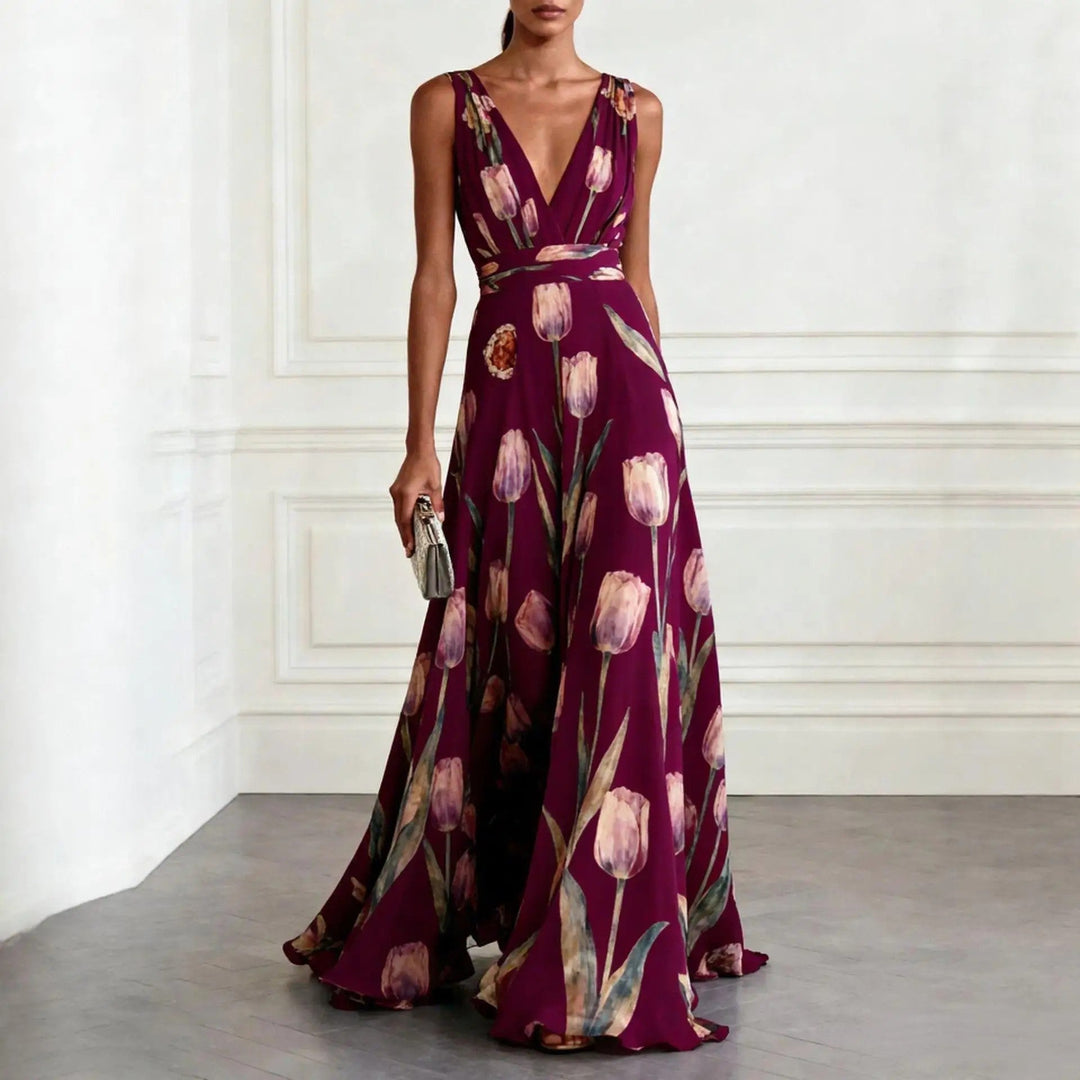 Women's Wedding Guest Floral Tulip Print V-Neck Flowy Maxi Dress