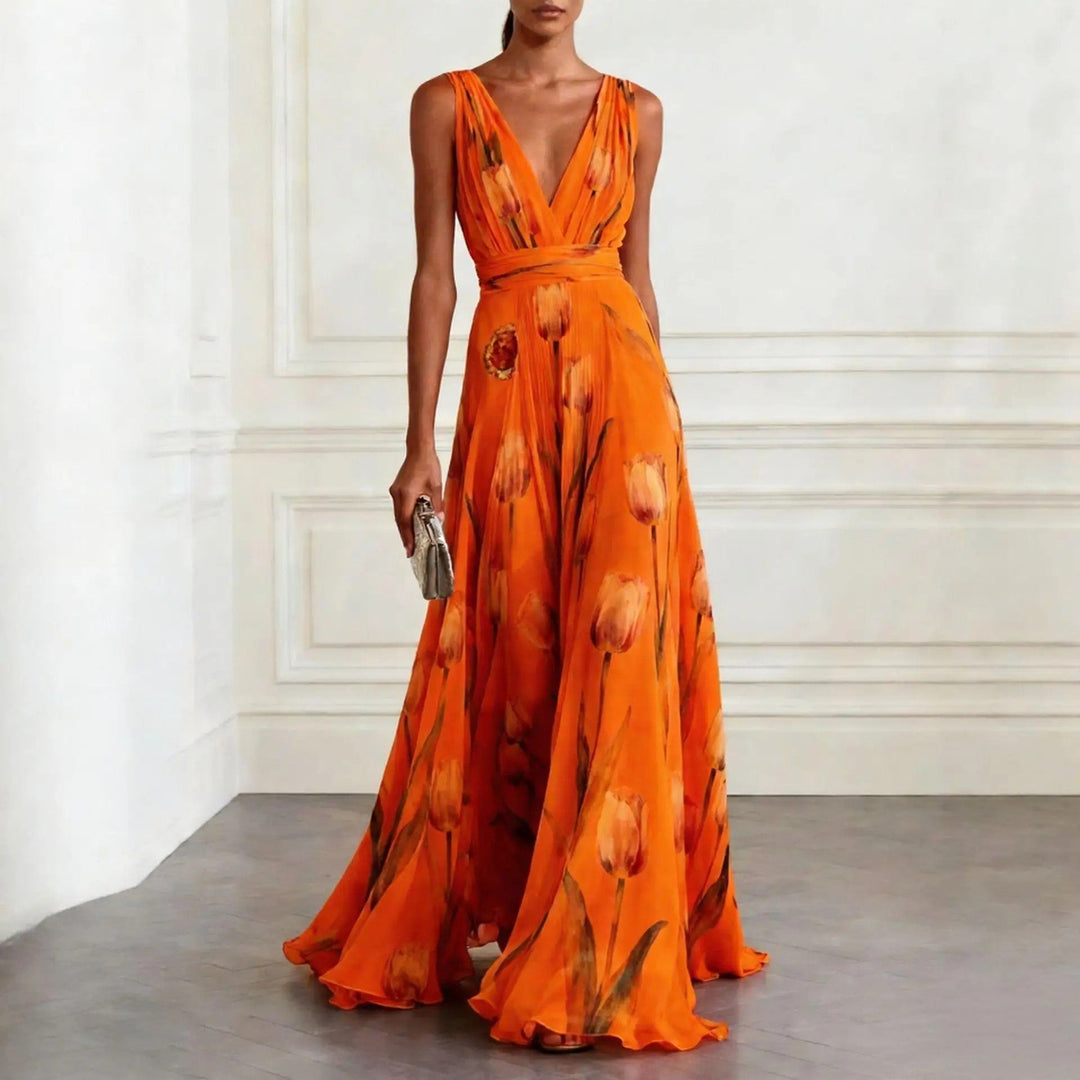 Women's Wedding Guest Floral Tulip Print V-Neck Flowy Maxi Dress