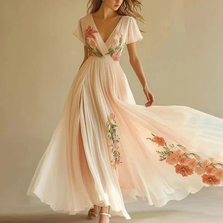 Women's Wedding Guest Floral V-Neck Flowy Maxi Dress