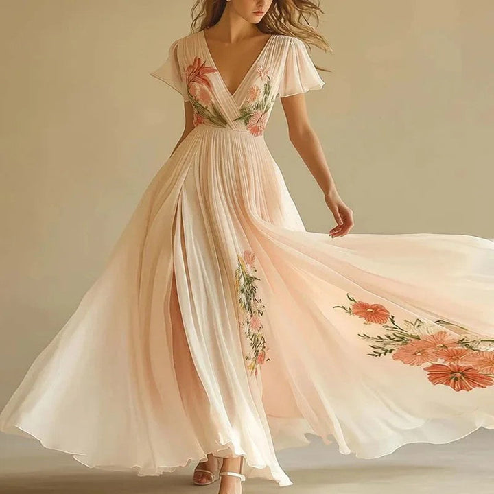 Women's Wedding Guest Floral V-Neck Flowy Maxi Dress