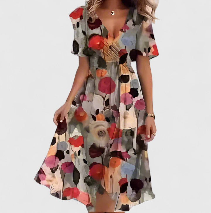 Women's Wedding Guest Floral V-Neck Flutter Sleeve Flowy Midi Dress