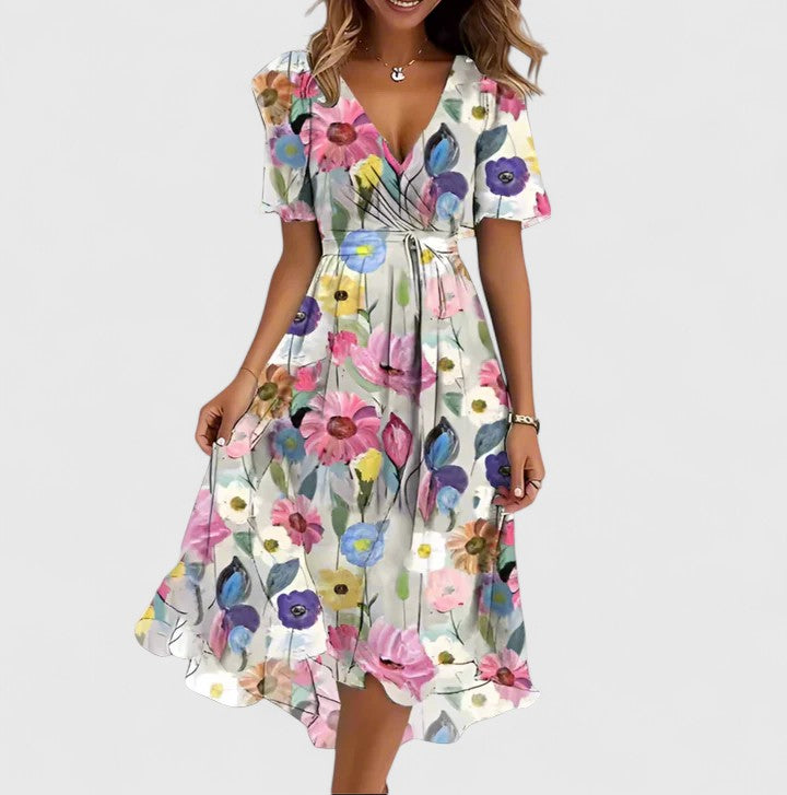 Women's Wedding Guest Floral V-Neck Flutter Sleeve Flowy Midi Dress