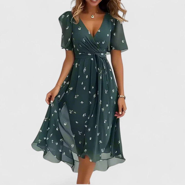 Women's Wedding Guest Floral V-Neck Flutter Sleeve Flowy Midi Dress