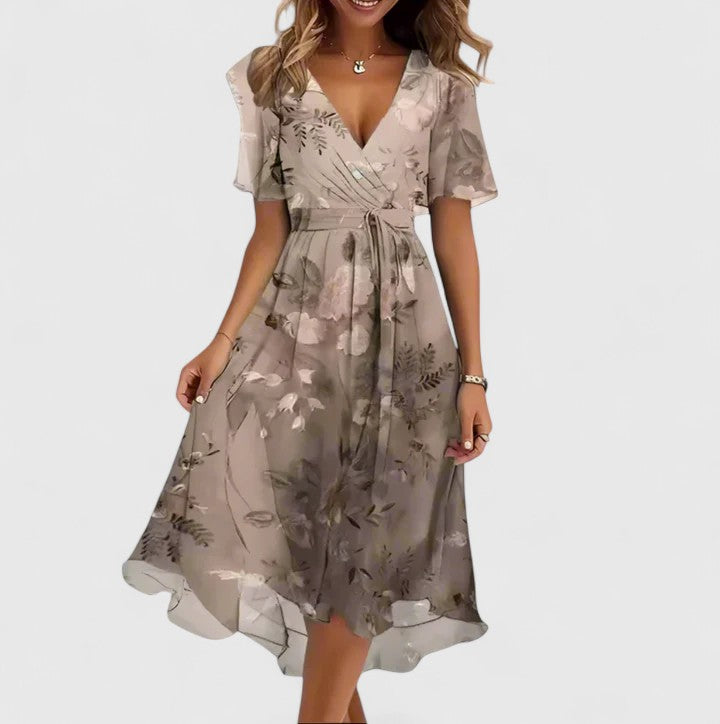 Women's Wedding Guest Floral V-Neck Flutter Sleeve Flowy Midi Dress