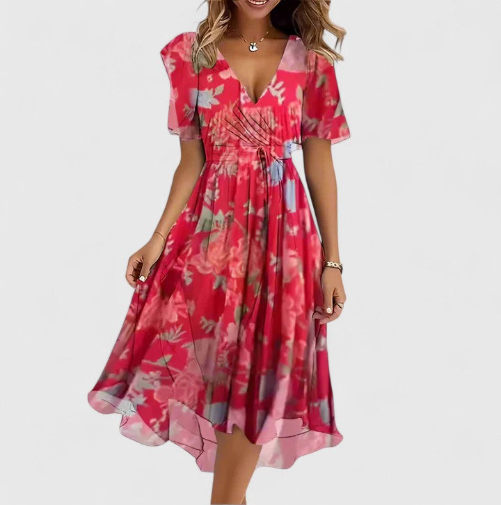 Women's Wedding Guest Floral V-Neck Flutter Sleeve Flowy Midi Dress