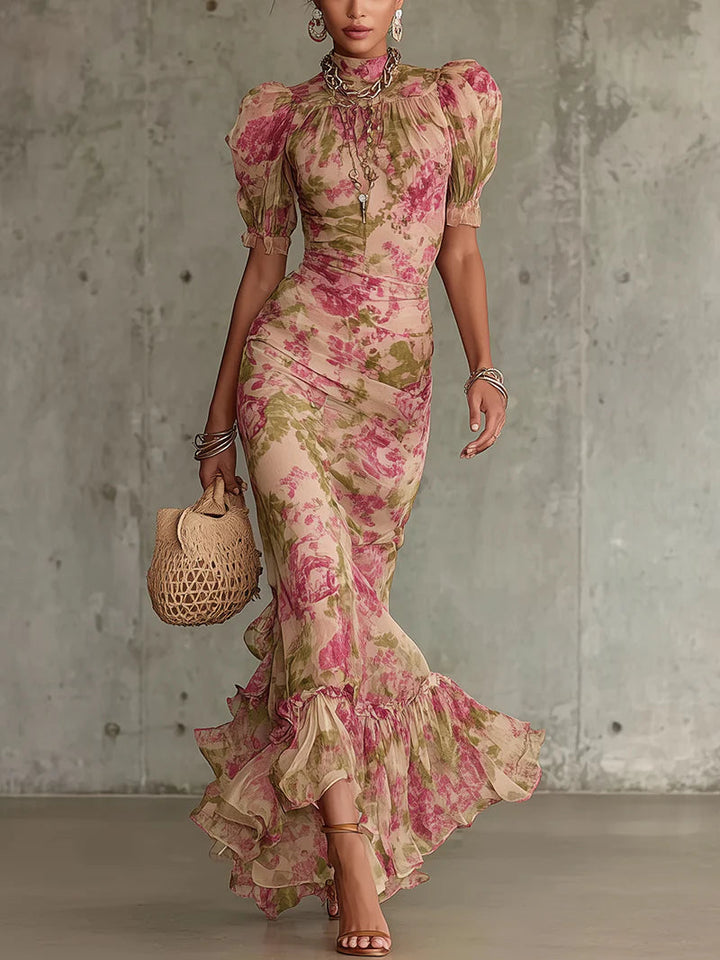 Women's Wedding Guest Floral Vintage Ruffle Puff Sleeve Maxi Dress