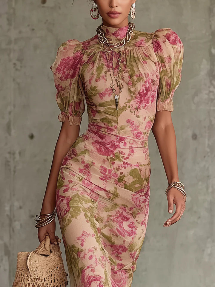 Women's Wedding Guest Floral Vintage Ruffle Puff Sleeve Maxi Dress