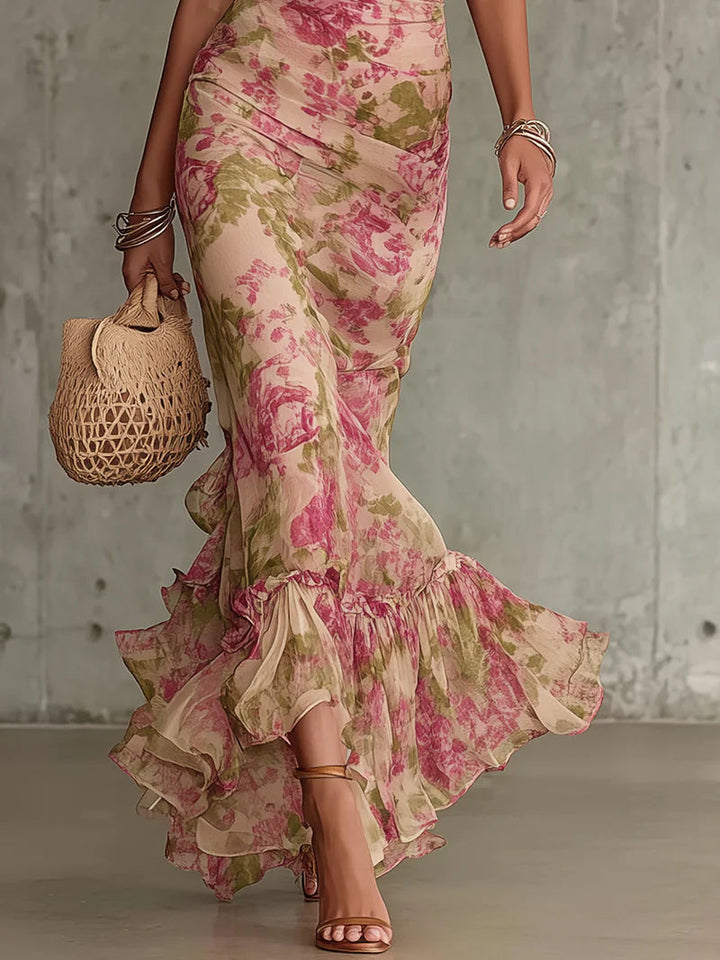 Women's Wedding Guest Floral Vintage Ruffle Puff Sleeve Maxi Dress