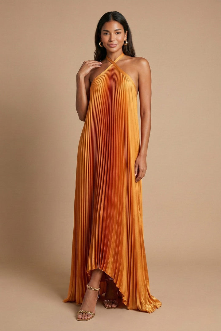 Women's Wedding Guest Halter Pleated Flowy Maxi Dress