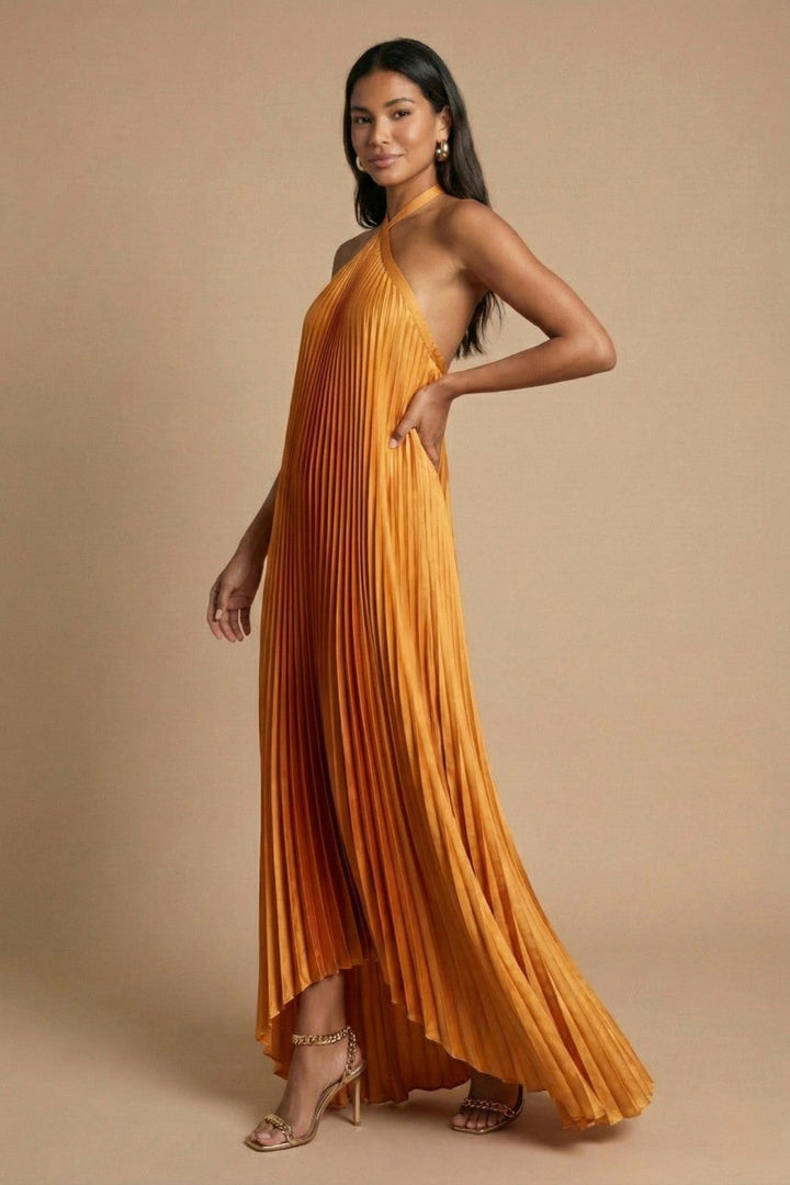 Women's Wedding Guest Halter Pleated Flowy Maxi Dress