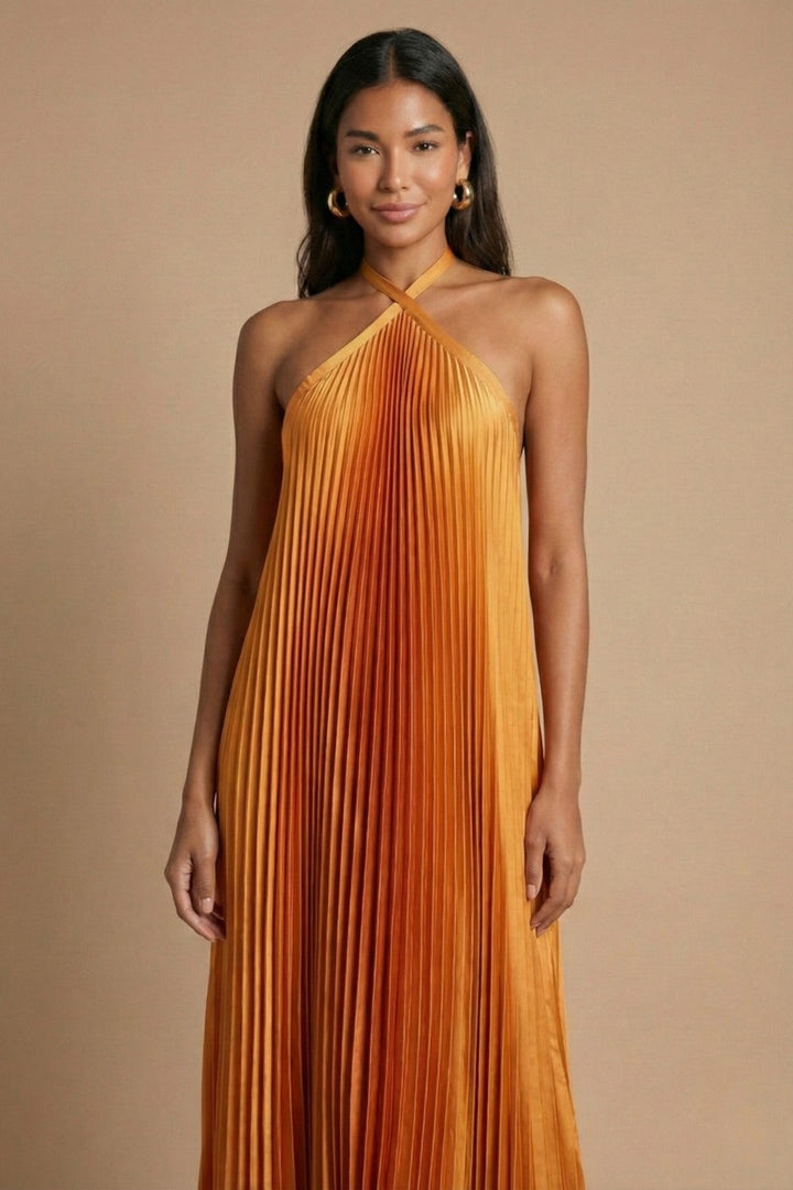 Women's Wedding Guest Halter Pleated Flowy Maxi Dress