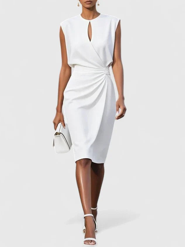 Women's Wedding Guest Keyhole Ruched Sleeveless Midi Dress