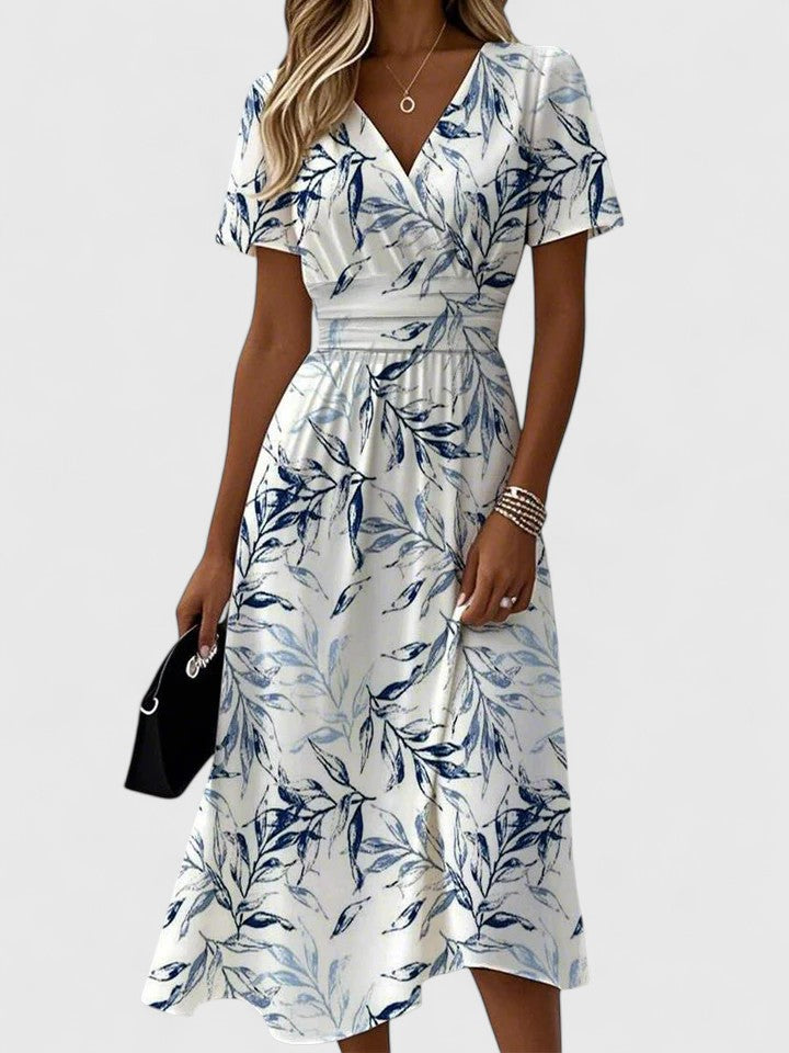 Women's Wedding Guest Leaf Print V-Neck Flutter Sleeve Midi Dress