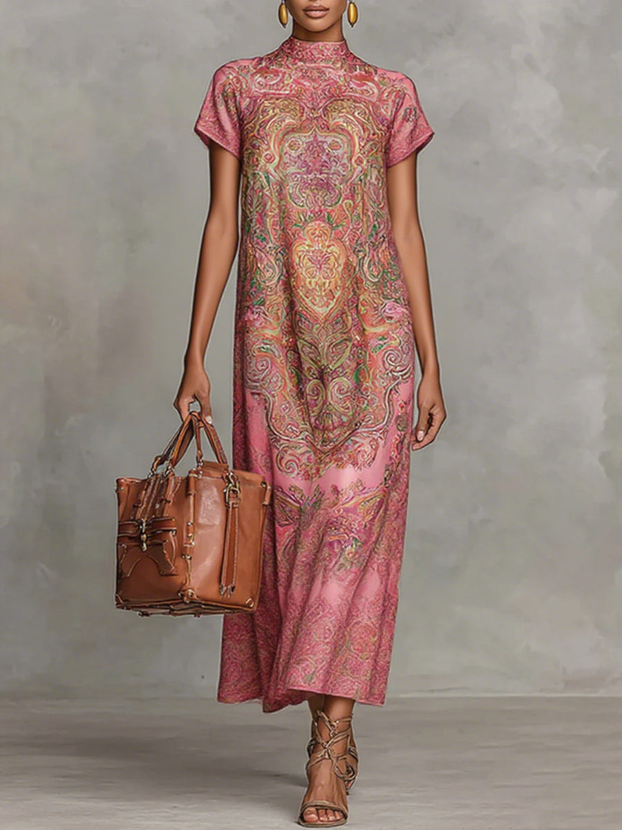 Women's Wedding Guest Paisley Print Mock Neck Short Sleeve Maxi Dress
