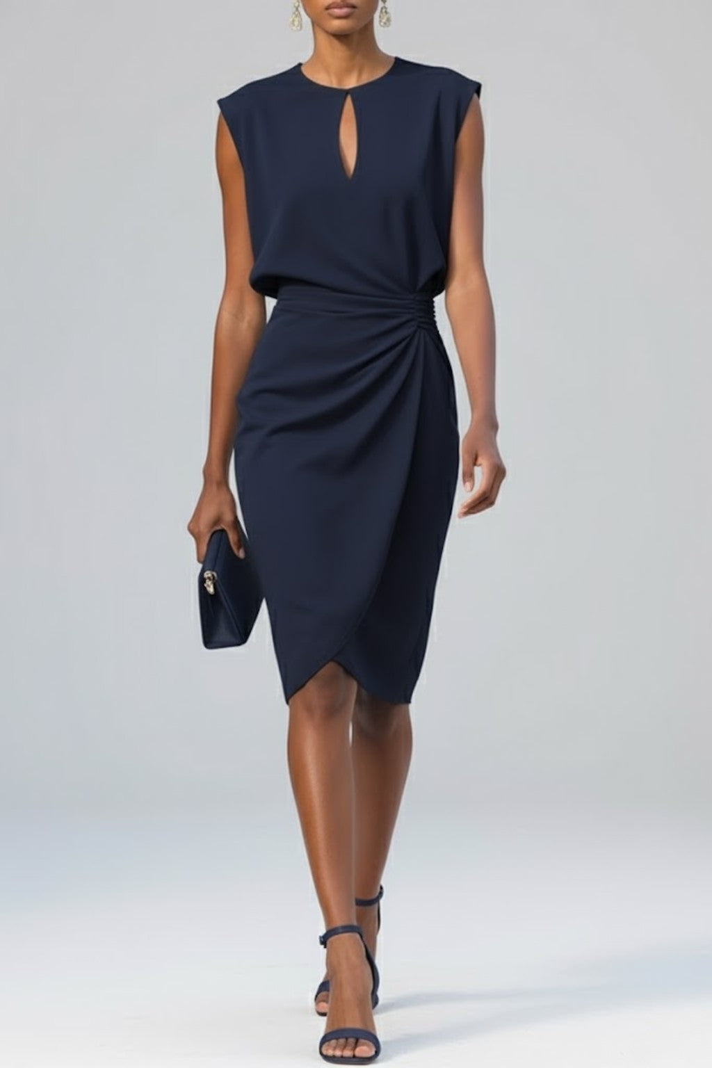 Women's Wedding Guest Ruched Keyhole Neck Midi Dress
