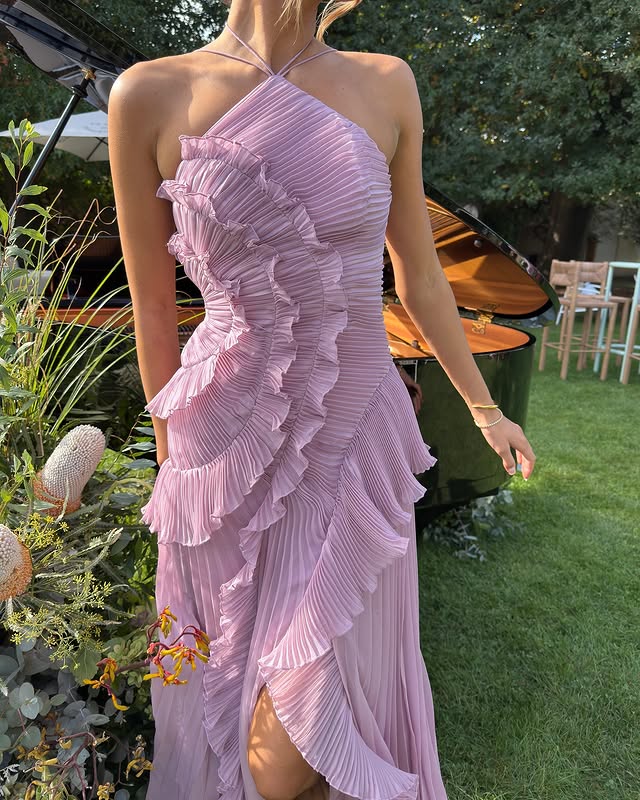 Women's Wedding Guest Ruffle Halter Maxi Dress Formal Gown