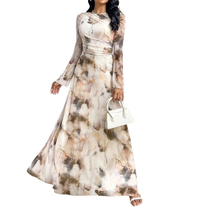 Women's Wedding Guest Tie-Dye Mesh Flowy Long Sleeve Maxi Dress