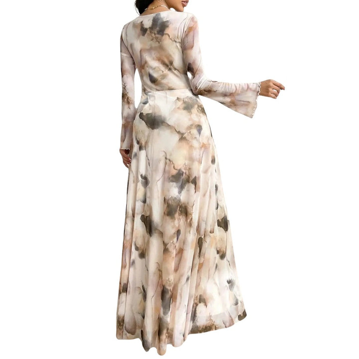 Women's Wedding Guest Tie-Dye Mesh Flowy Long Sleeve Maxi Dress