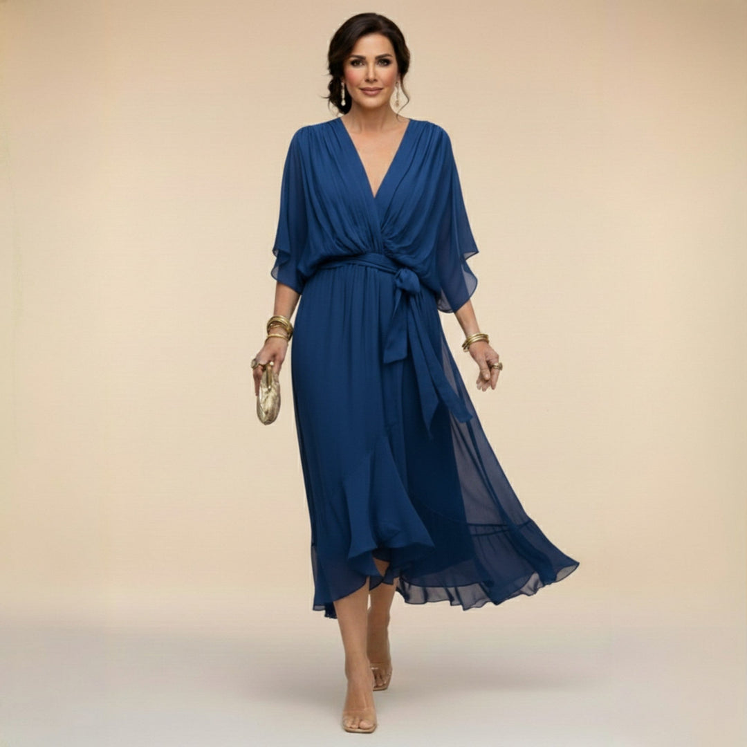 Women's Wedding Guest V-Neck Belted Flowy Midi Dress