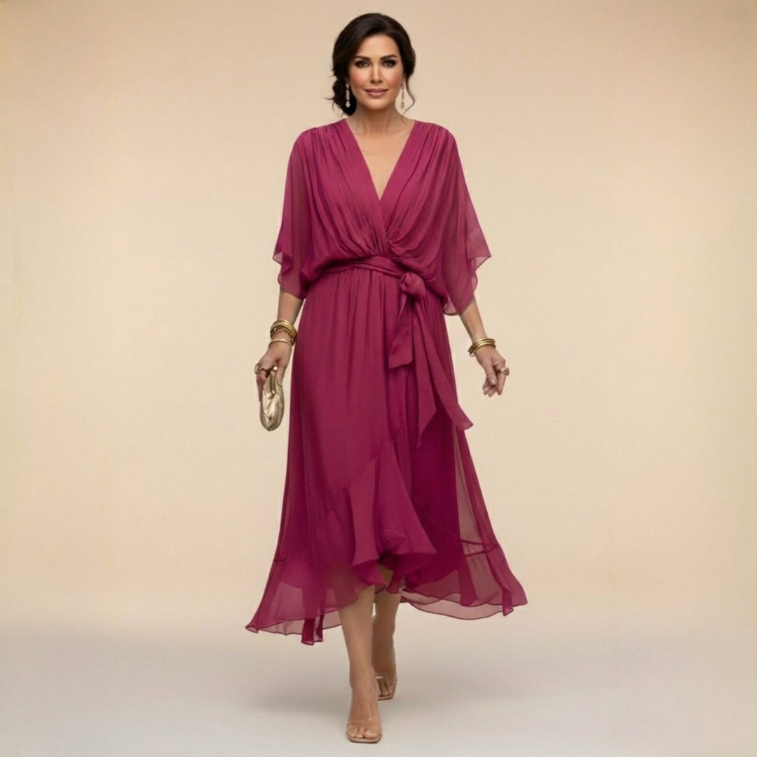 Women's Wedding Guest V-Neck Belted Flowy Midi Dress