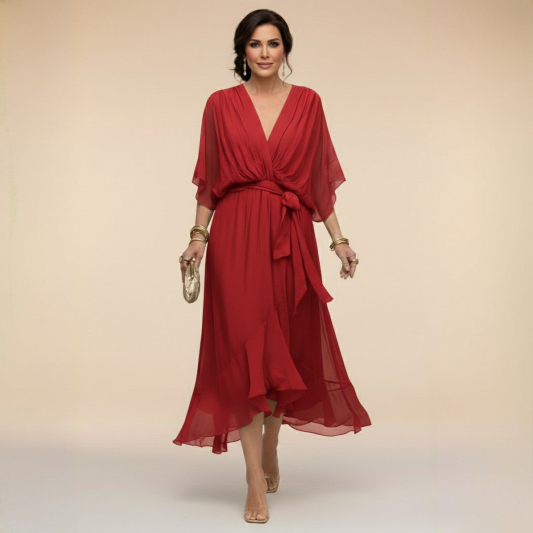 Women's Wedding Guest V-Neck Belted Flowy Midi Dress