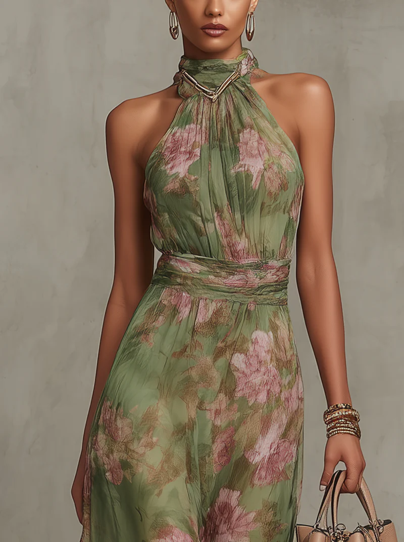 Women's Elegant Floral Maxi Halter Dress