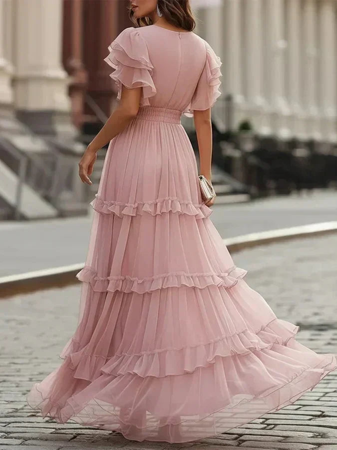 Women's Flowy Powder Pink V-Neck Tiered Ruffles Butterfly Sleeves Maxi Dress
