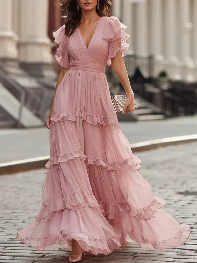 Women's Flowy Powder Pink V-Neck Tiered Ruffles Butterfly Sleeves Maxi Dress