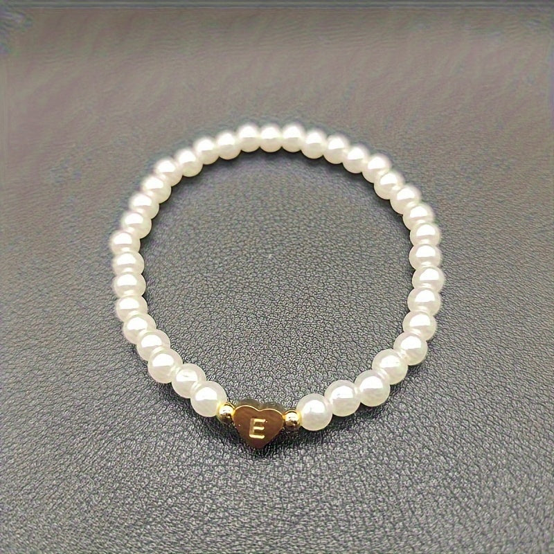 Personalized Pearl Bead Bracelet with Heart Initial Charm