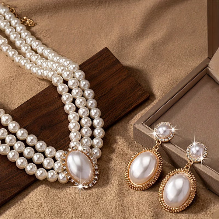 Women's Classic String of Pearls Necklace Earring Bracelet Jewelry Set