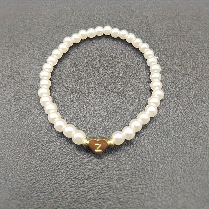Personalized Pearl Bead Bracelet with Heart Initial Charm